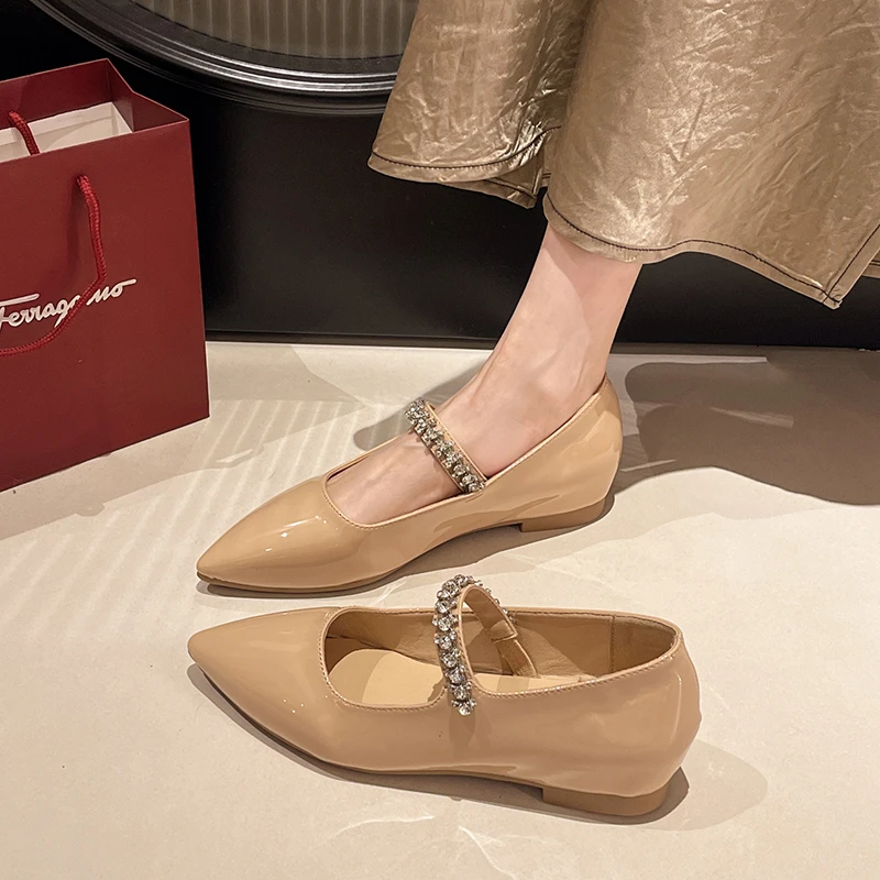 2024年春夏新款尖头玛丽珍女鞋浅口水钻仙女风凉鞋平底法式单鞋女