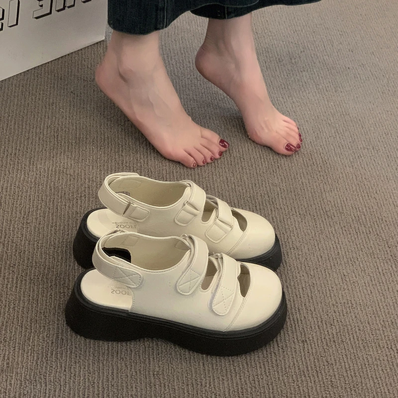 厚底包头凉鞋女2024新款夏季配裙子休闲大头玛丽珍魔术贴罗马凉鞋