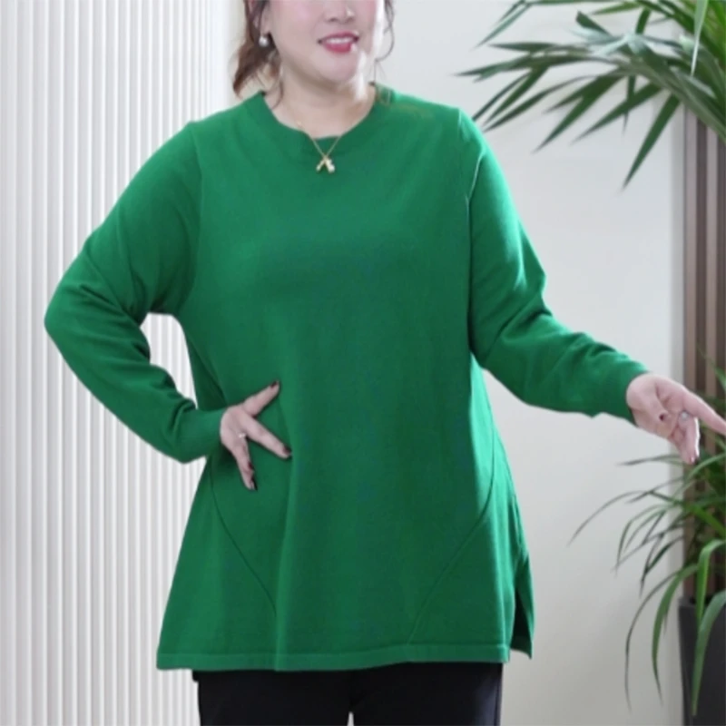 高捻包芯纱A字中长款针织衫加大码圆领镂空时尚显瘦侧开叉毛衣女