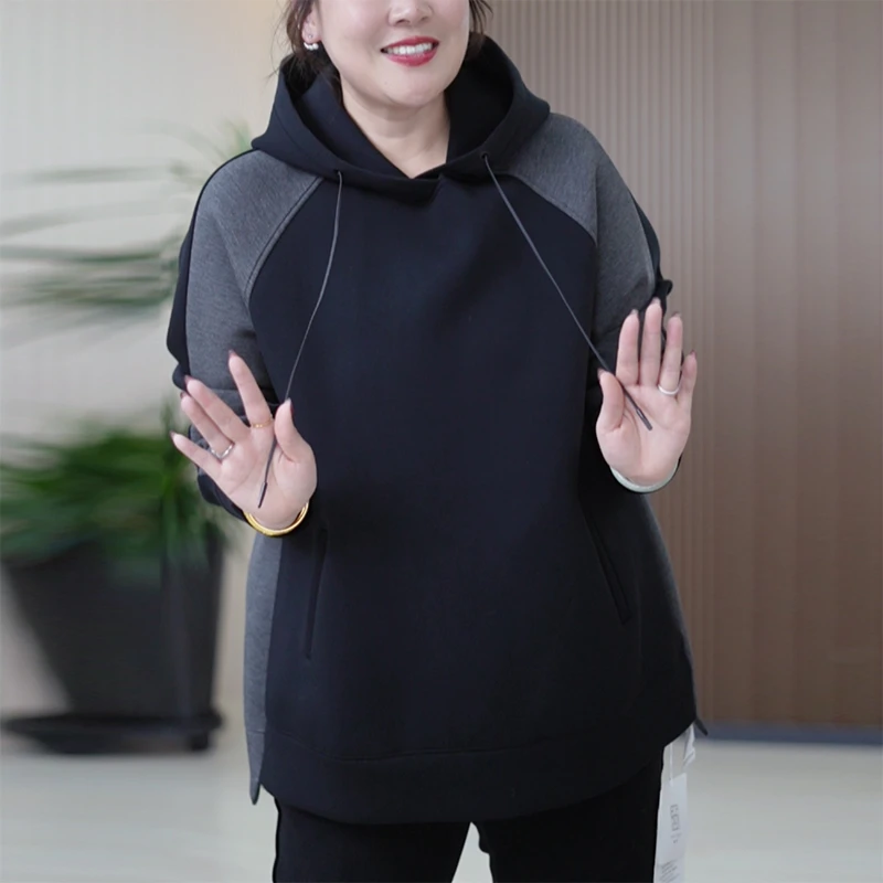 宇航棉连帽卫衣撞色修容软糯Q弹大码百搭双面空气层秋季上衣女潮