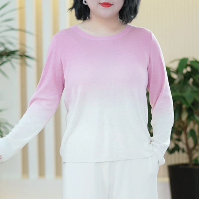 渐变绵羊毛桑蚕丝针织衫女大码弹力百搭显瘦简约时尚秋季上衣内搭