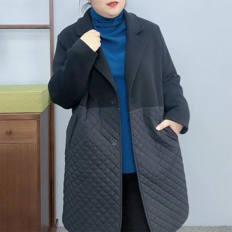 真德绒大衣拼接棉服女保暖时尚文艺休闲简约中长毛呢大码风衣外套