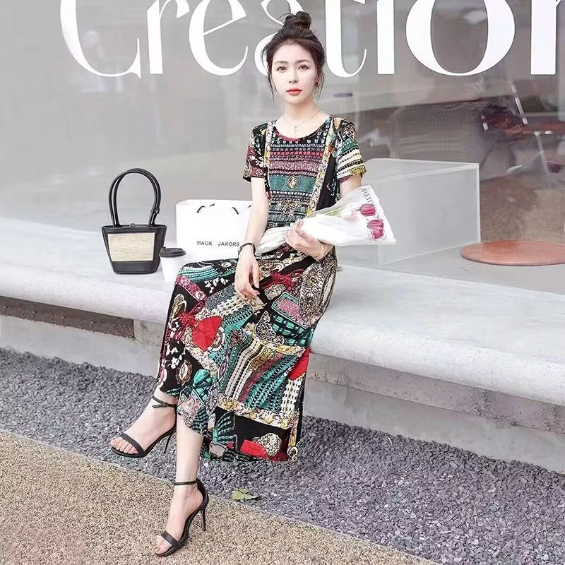 夏季短袖雪纺连衣裙妈妈遮肚裙大码女装碎花A字裙子波西米亚长裙