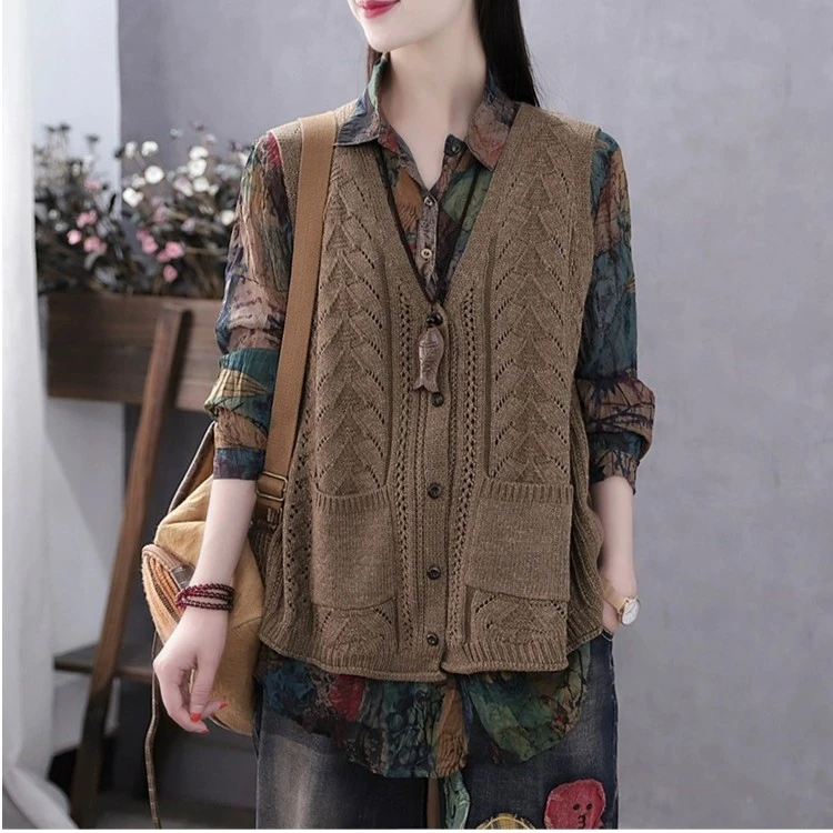 大码女装马甲针织开衫春秋冬背心宽松无袖毛衣坎肩外搭马夹外套潮