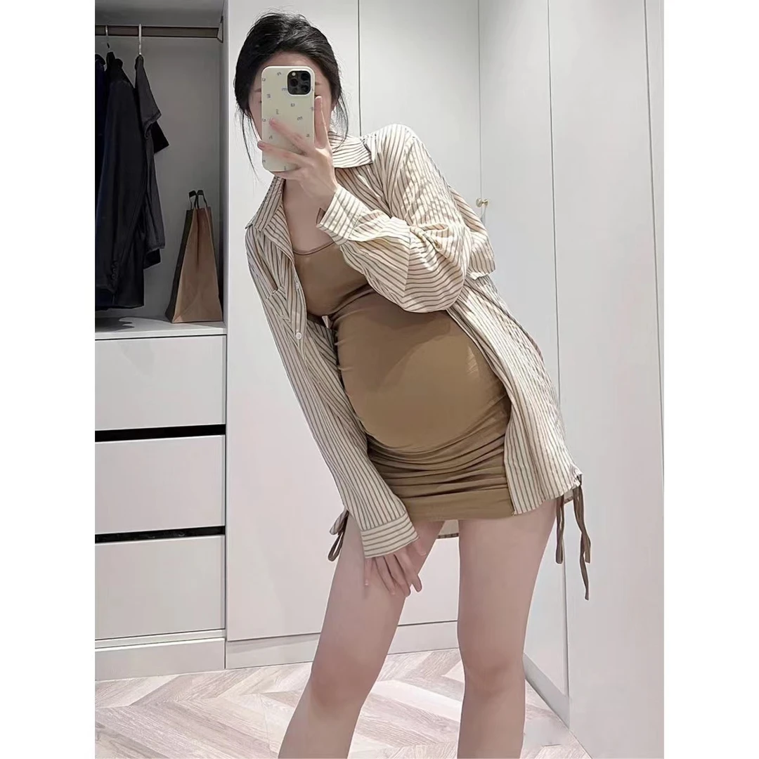 孕妇背心连衣裙吊带法式抽绳弹力显瘦休闲百搭辣妈包臀裙春夏秋季