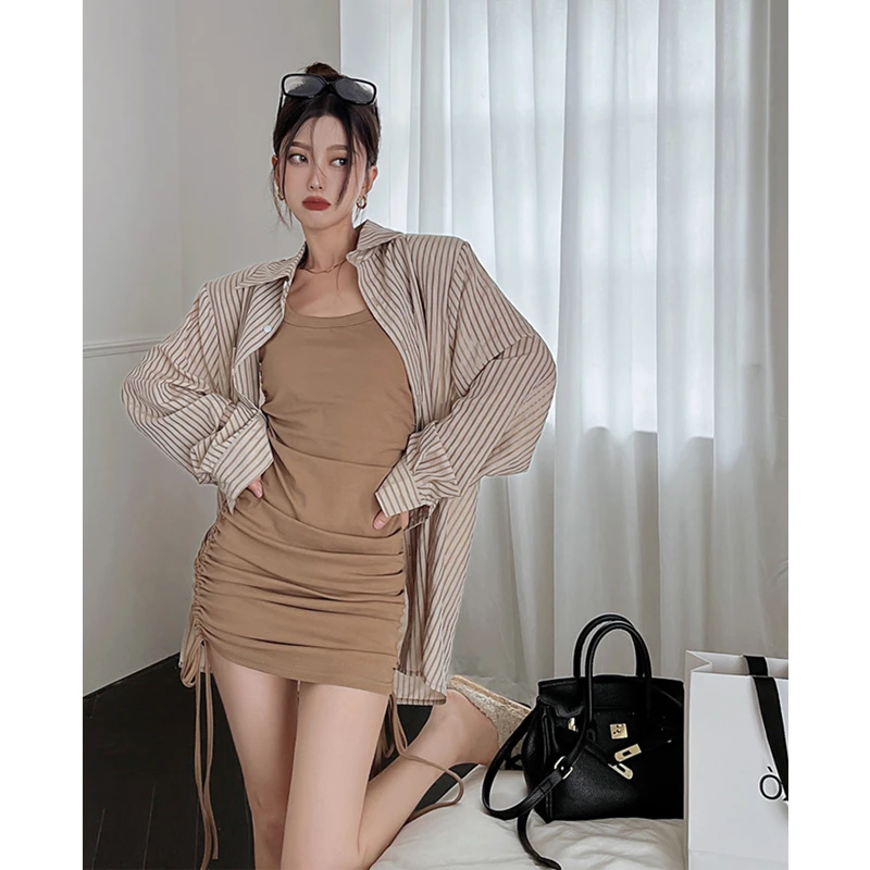 孕妇背心高弹抽绳褶皱包臂裙显瘦休闲百搭条纹衬衫辣妈春秋两件套