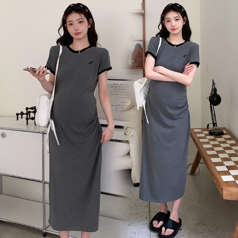 孕妇夏季连衣裙夏季弹力褶皱长裙显瘦新款时尚辣妈孕妇开叉裙子夏
