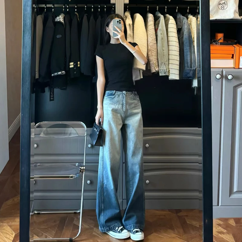 美式渐变蓝色牛仔裤女夏季宽松复古显瘦直筒百搭高街水洗拖地裤子