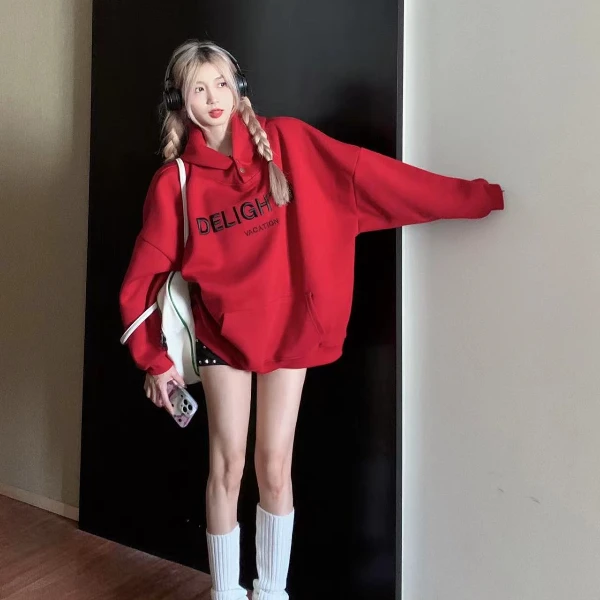 韩系字母刺绣卫衣女秋冬季长袖连帽宽松中长款加绒加厚上衣潮