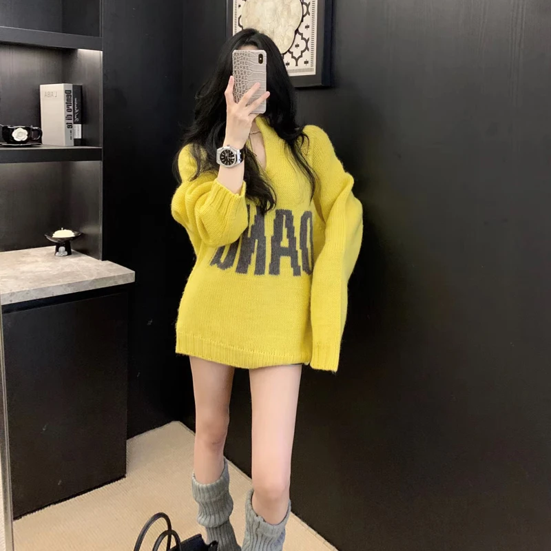 网红黄色慵懒风毛衣女秋冬百搭宽松时尚套头加厚中长款小众针织衫