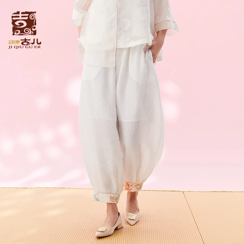 吉丘古儿休闲阔腿裤抽褶绣花通勤宽松百搭中式风薄款春夏G242K701