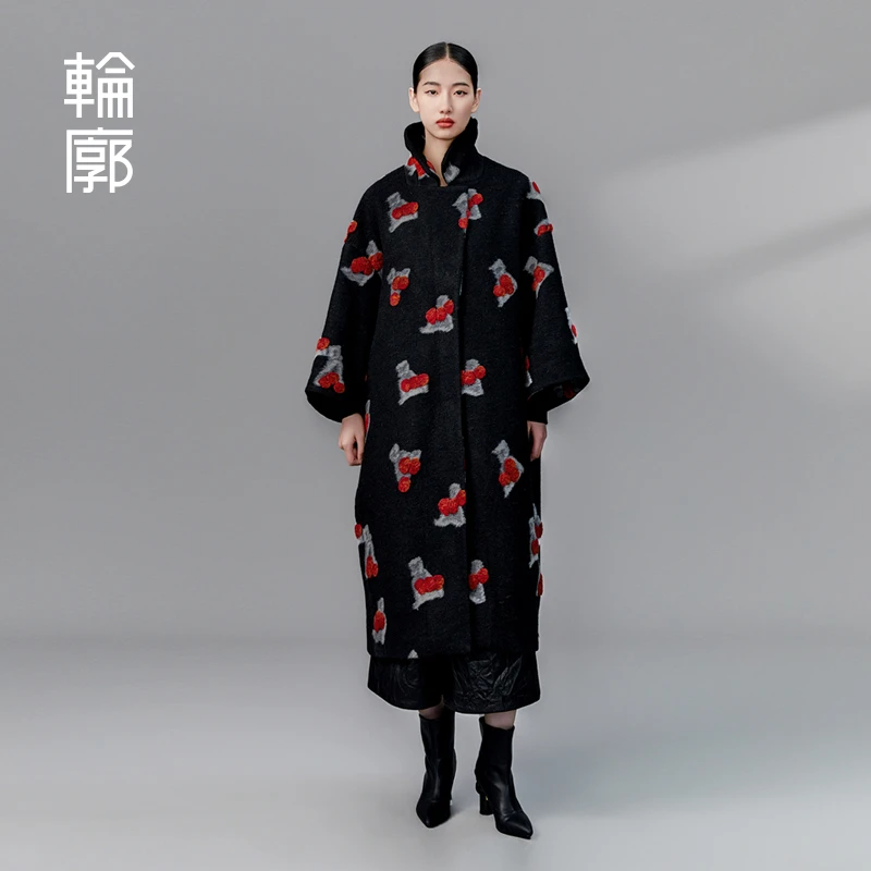 轮廓橘色格调提花毛呢外套廓形宽松优雅高级感休闲时尚L234Y027