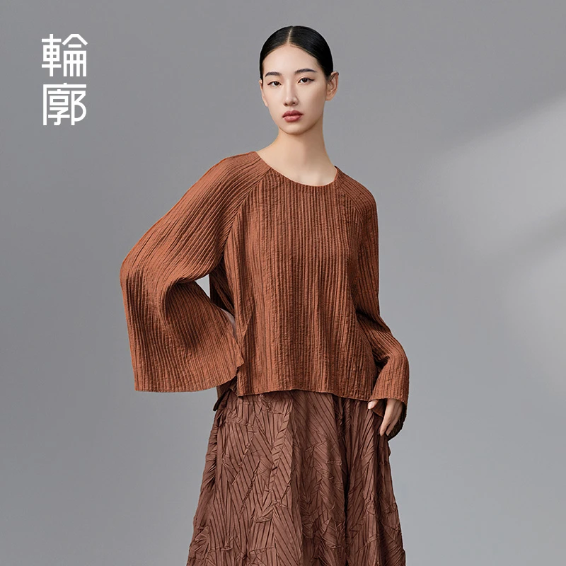 轮廓美拉德之旅复古压褶长袖T恤新中式早秋慵懒百搭上衣L233Y031