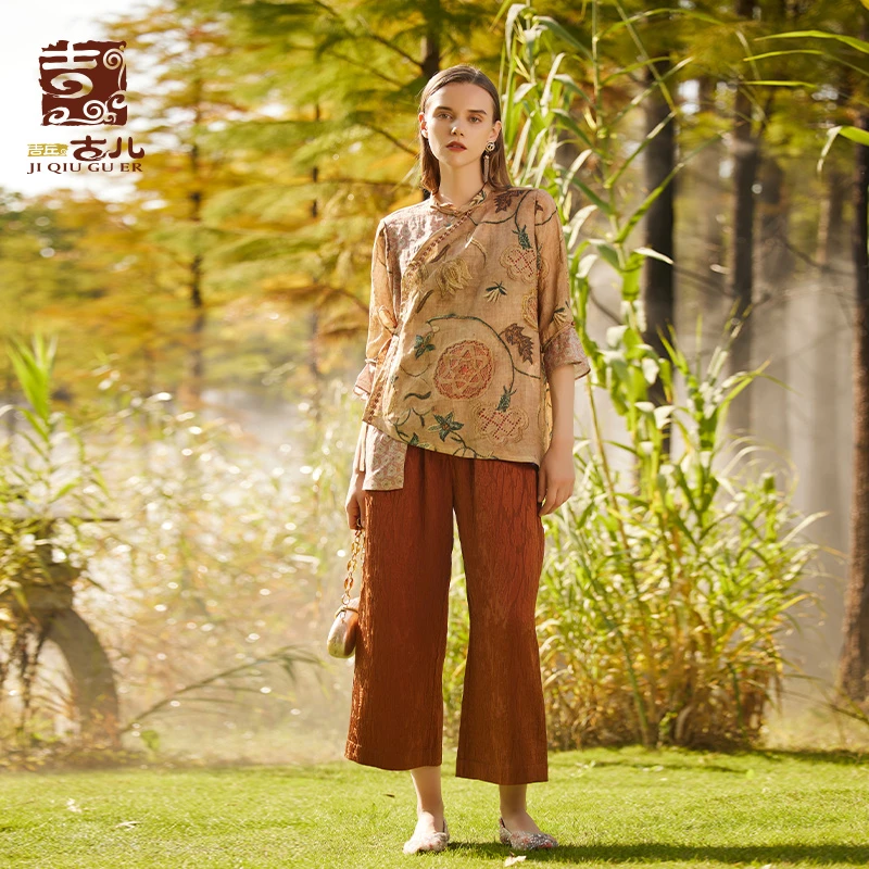 吉丘古儿原创设计上衣设计师款复古潮流提花衬衫女装衬衣G232Y051
