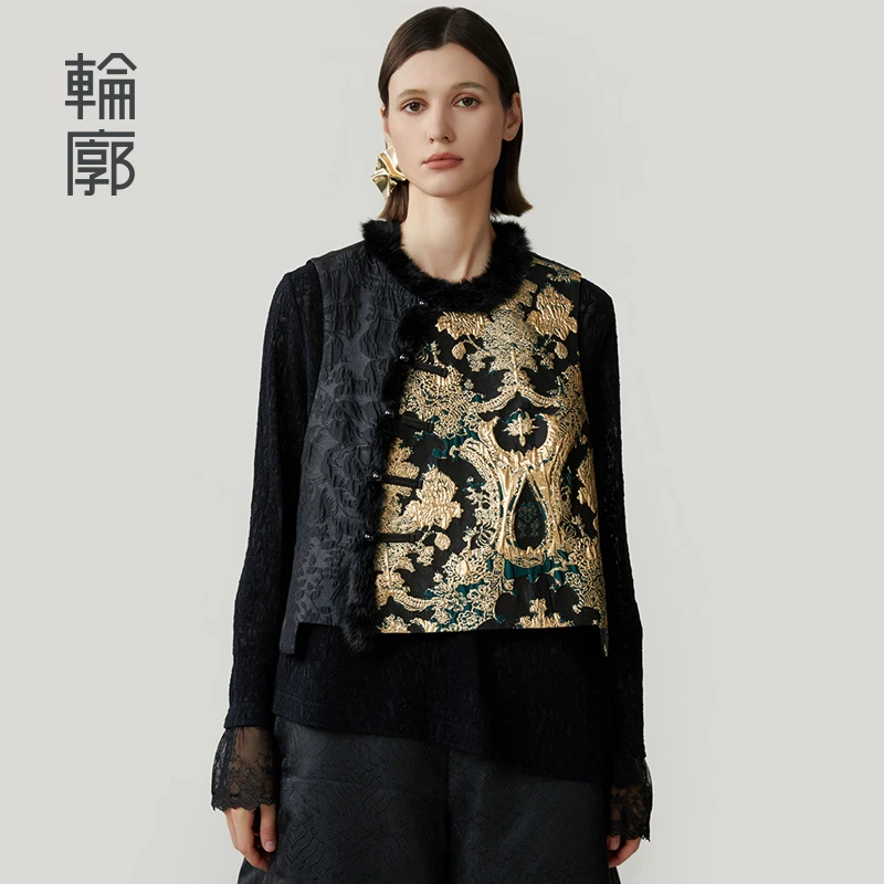 轮廓浮华L243Y079原创设计不对称拼接国风提花马甲复古时尚百搭