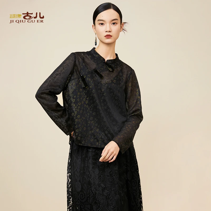 吉丘古儿五福烫金针织提花上衣新中式小立领斜襟气质时尚G243Y048