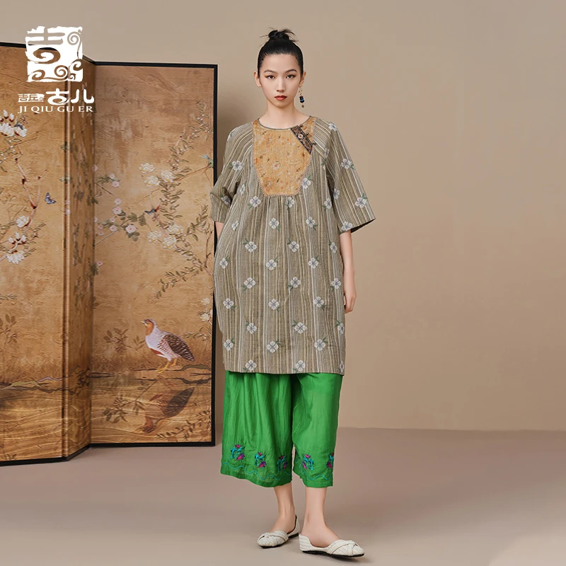 吉丘古儿原创提花连衣裙中式复古国风刺绣拼接五分袖长裙G232Y052