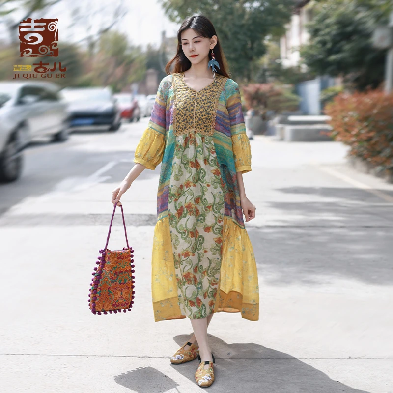 吉丘古儿春暖花开碎花连衣裙浪漫印花鱼尾下摆裙花型随机G233Y803