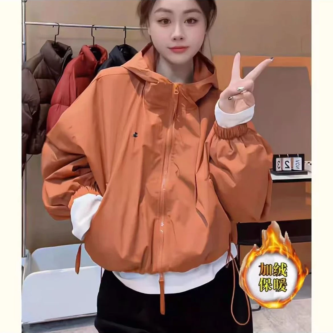 2024加棉款连帽拉链短款小个子下摆抽绳休闲长袖冲锋衣夹克外套女