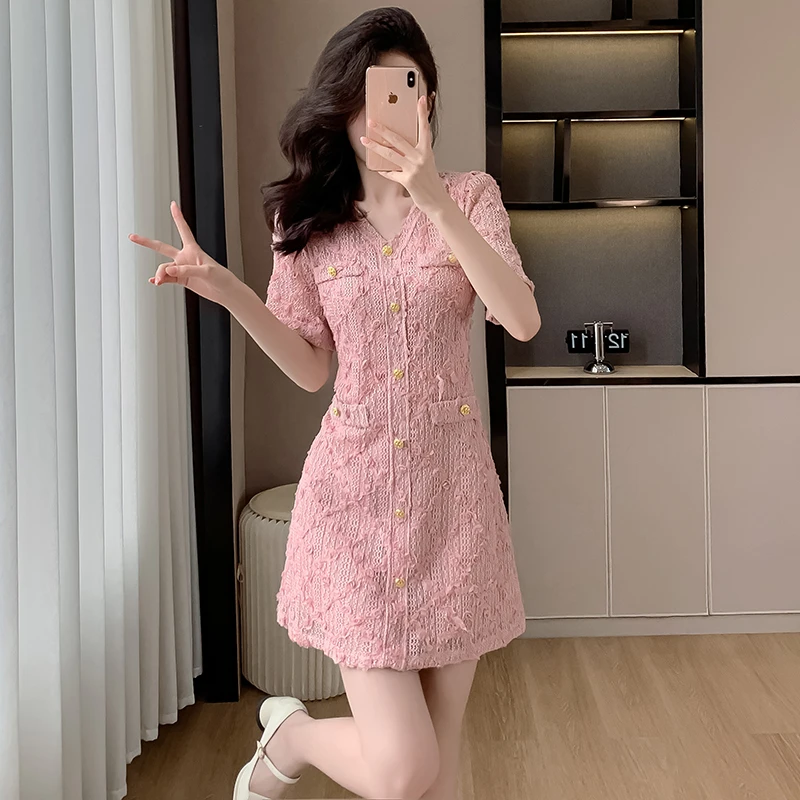 小香风连衣裙新款女夏季150cm155小个子韩系穿搭精致v领气质短裙