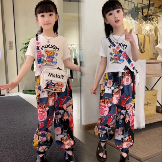 【伊美】女童新款2024夏季新款小猪印花T恤雪纺防蚊裤套装
