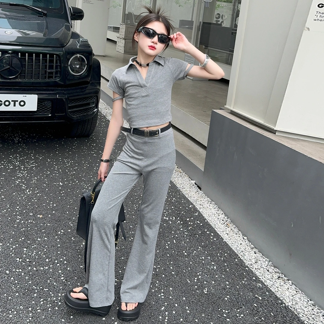 休闲童装女童2024夏季新款洋气修身短款上衣显瘦微喇长裤两件套