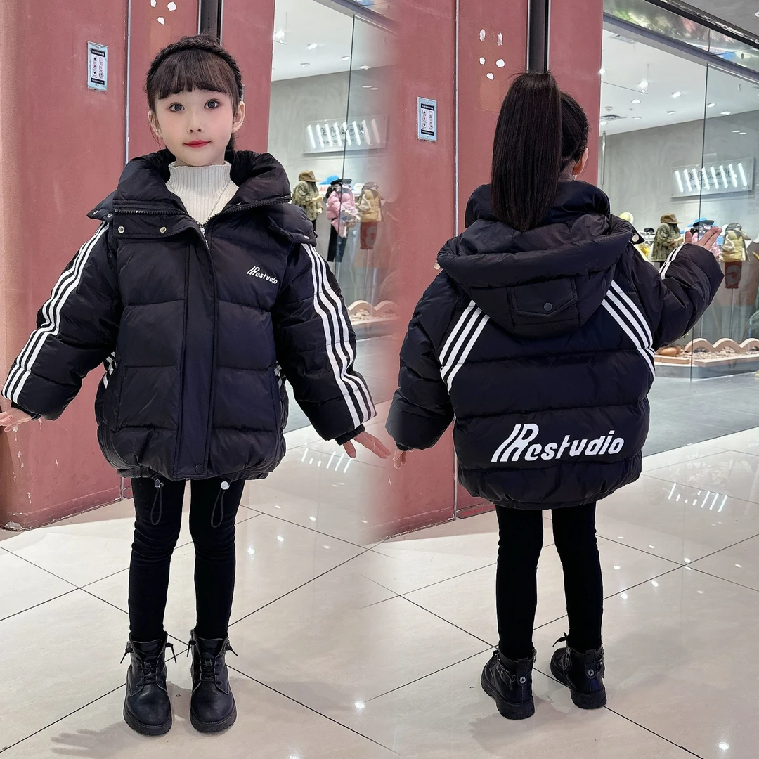 【伊美】女童新款冬季字母拉条连帽白鸭绒羽绒服外套