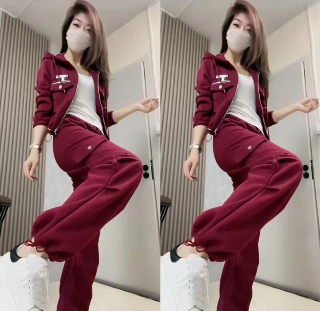 2024秋季新款时尚洋气显瘦宽松休闲连帽拉链外套运动工装裤两件套