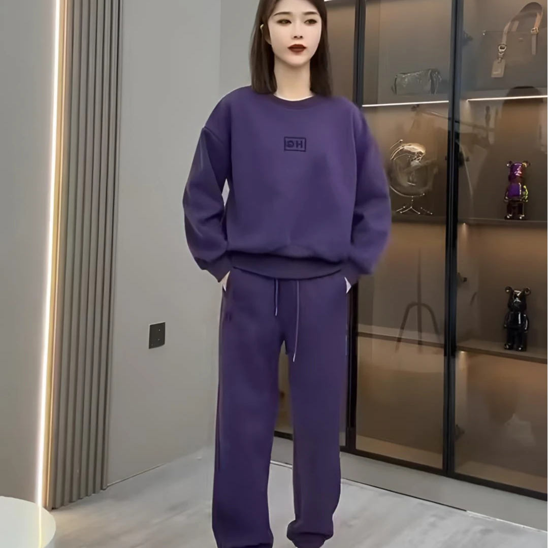 2024冬季新款时尚休闲运动套装加绒加厚欧货宽松卫衣束脚裤两件套