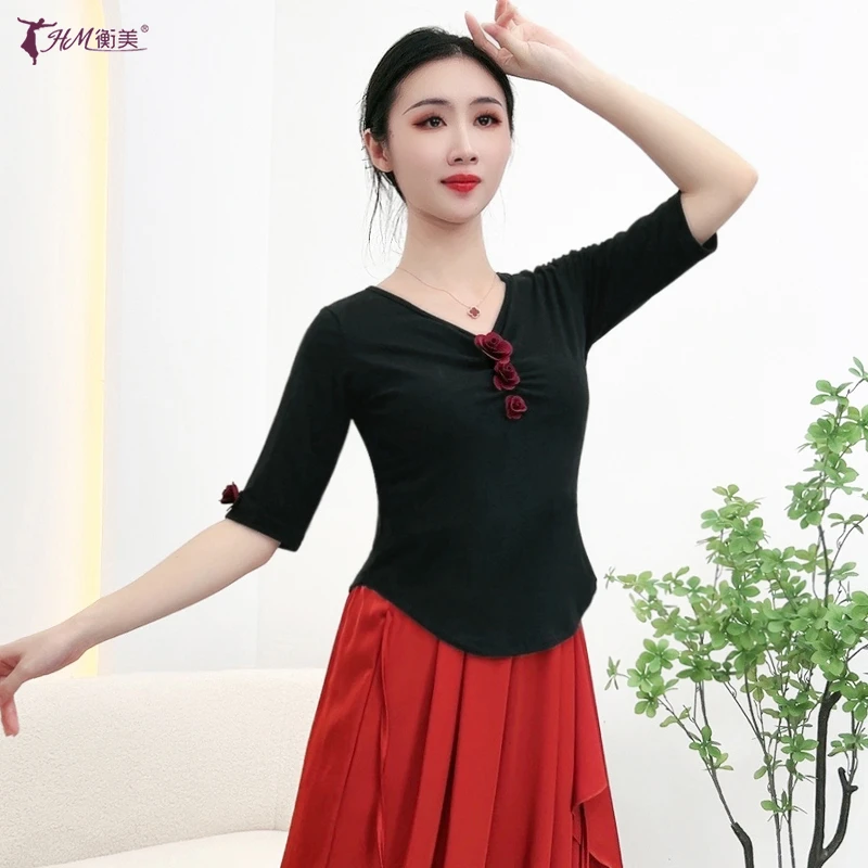 S540中袖 现代舞蹈服上衣立体玫瑰花古典舞练功服形体集训服装女