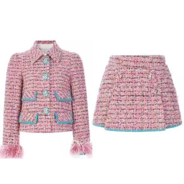 辰辰服饰粉色小香风鸵鸟毛可拆卸短外套半裙