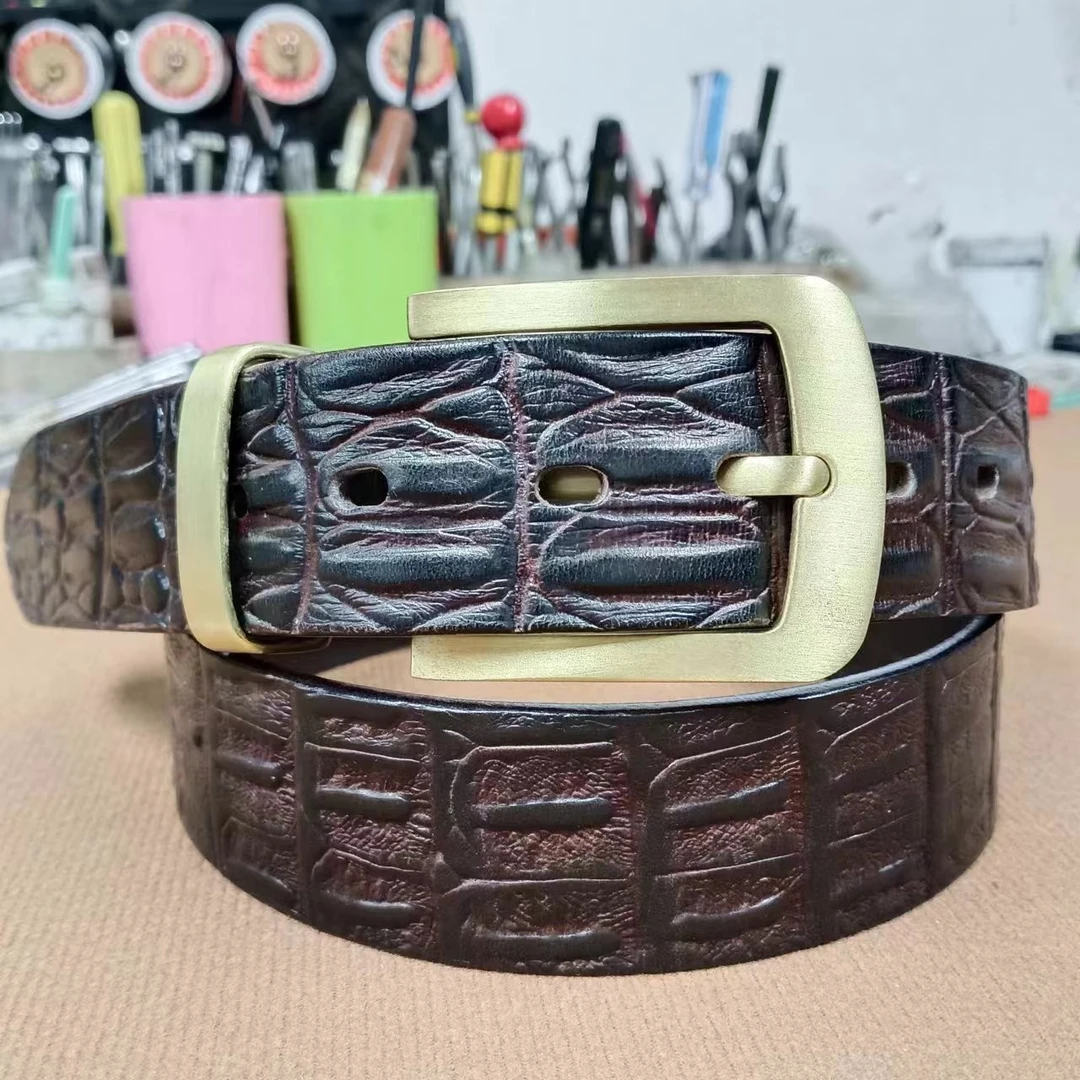 头层牛皮+黄铜针扣）整张牛皮裁切无夹层手工腰带宽约3.8cm厚3.8mm
