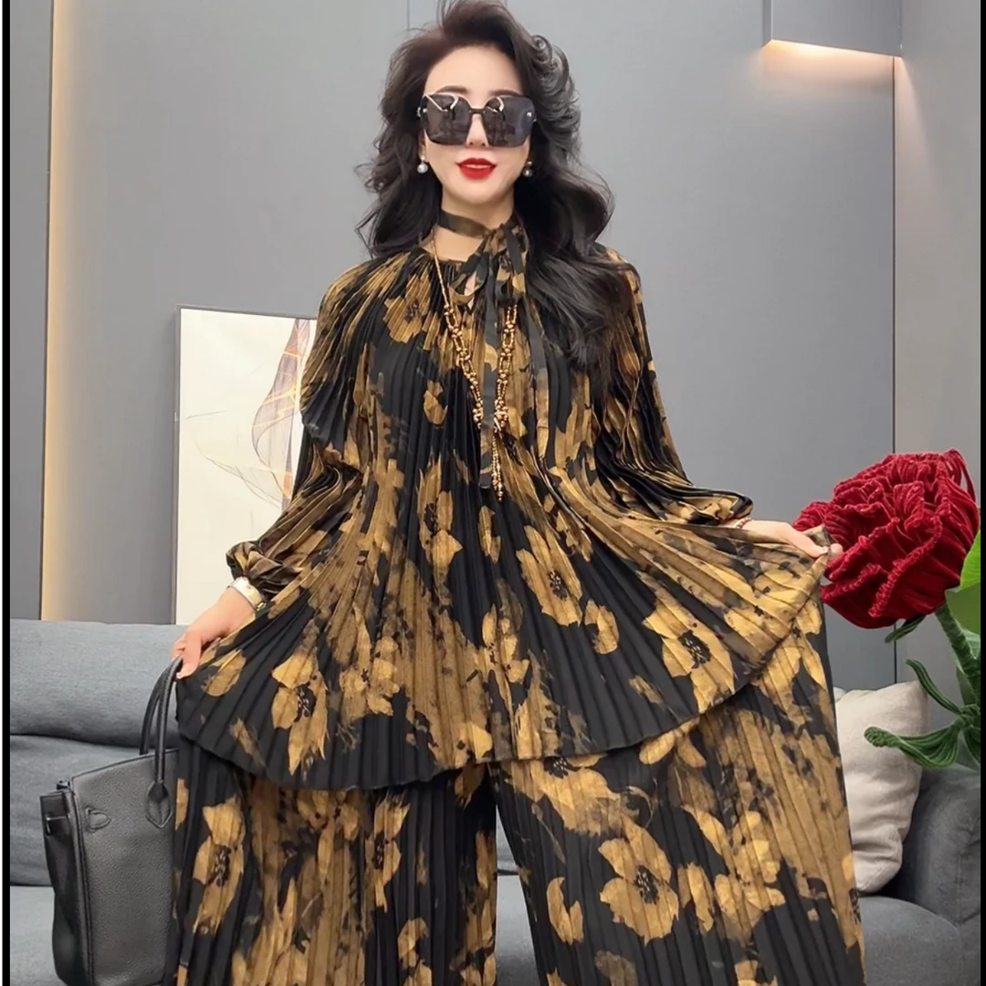 【美添】新款印花时尚百搭褶皱气质显瘦洋气长袖宽松两件套套装女