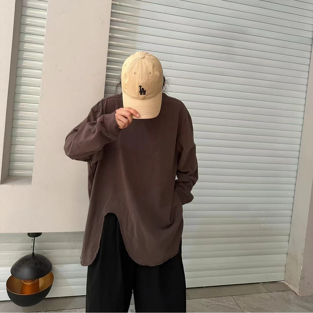 曼娜莎纯色T恤新款宽松中长打底衫长袖T百搭不规则设计显瘦打底衣