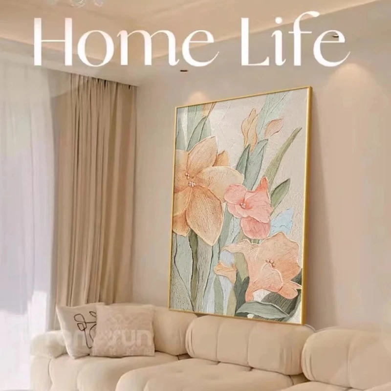 手工砂岩北欧客厅沙发背景墙肌理感花卉壁画奶油风入挂画装饰画