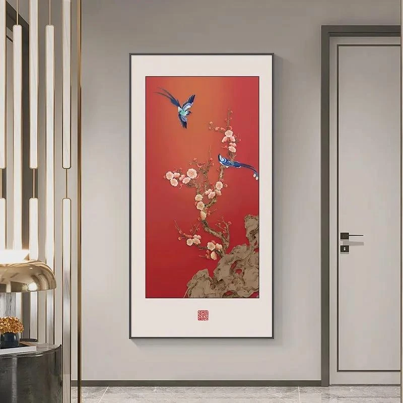 砂岩肌理画新中式喜上枝头装饰画定制款80*120