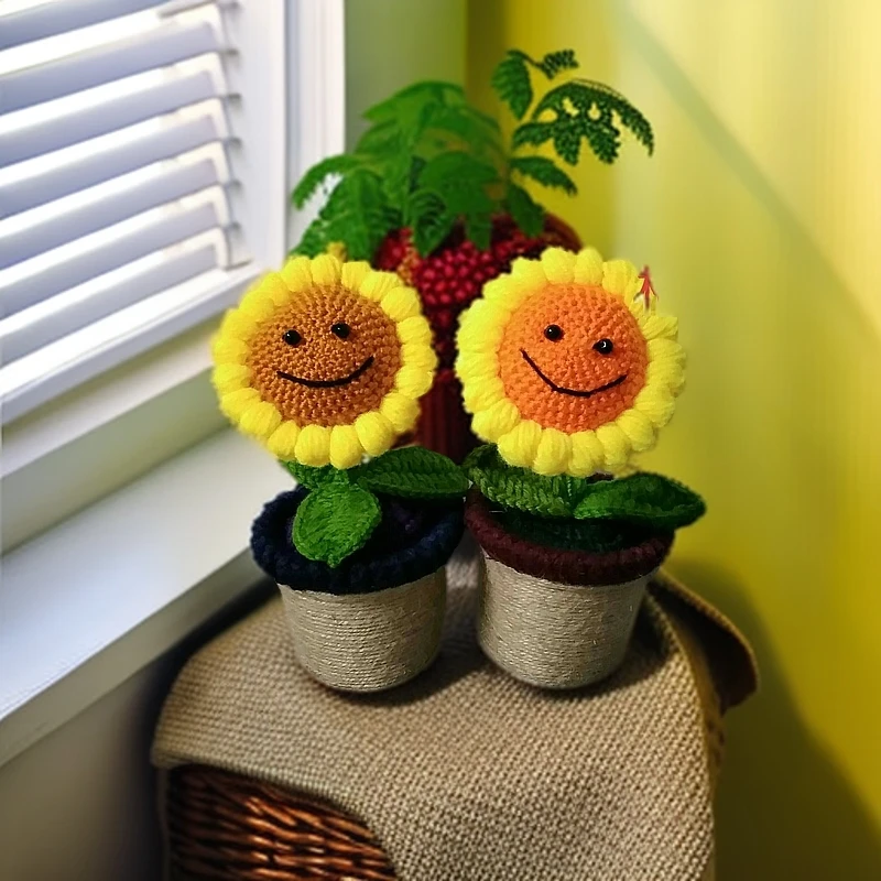 【无指妈妈】成品毛线编织向日葵盆栽植物手工艺品办公室家居摆件