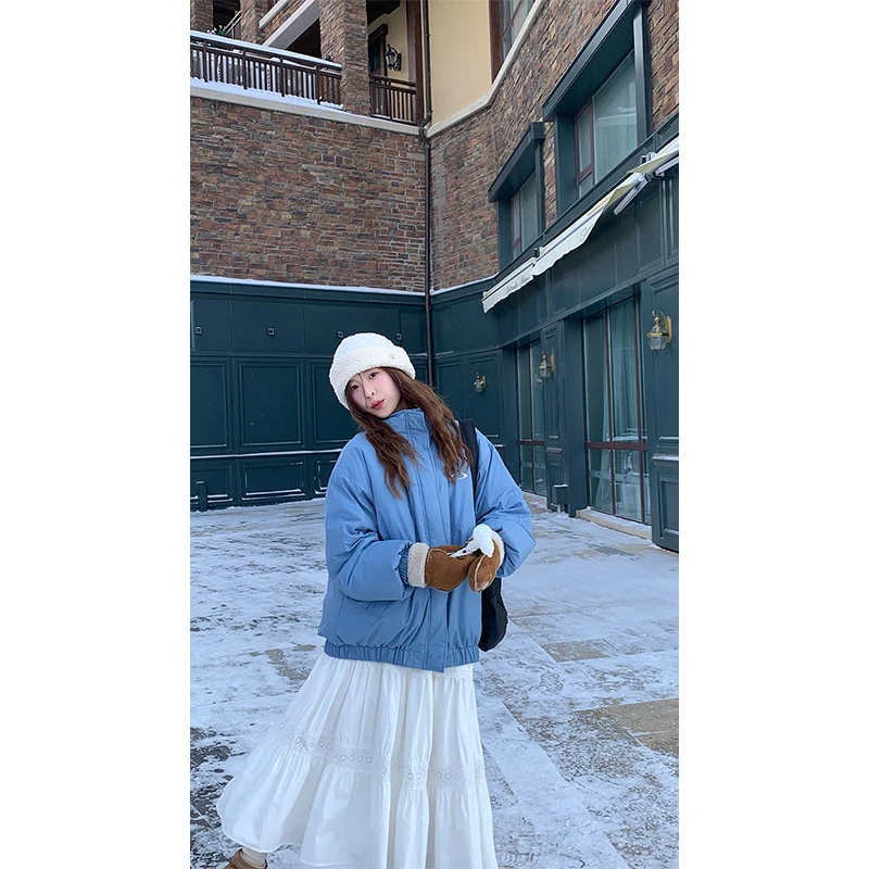 RAINY 立领双色滑雪保暖防风羽绒服冬季女宽松蓝色90白鸭绒外套潮