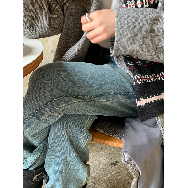 RAINY 浮雕绣线保暖百搭加绒小脚牛仔裤秋冬女宽松百搭高腰裤子