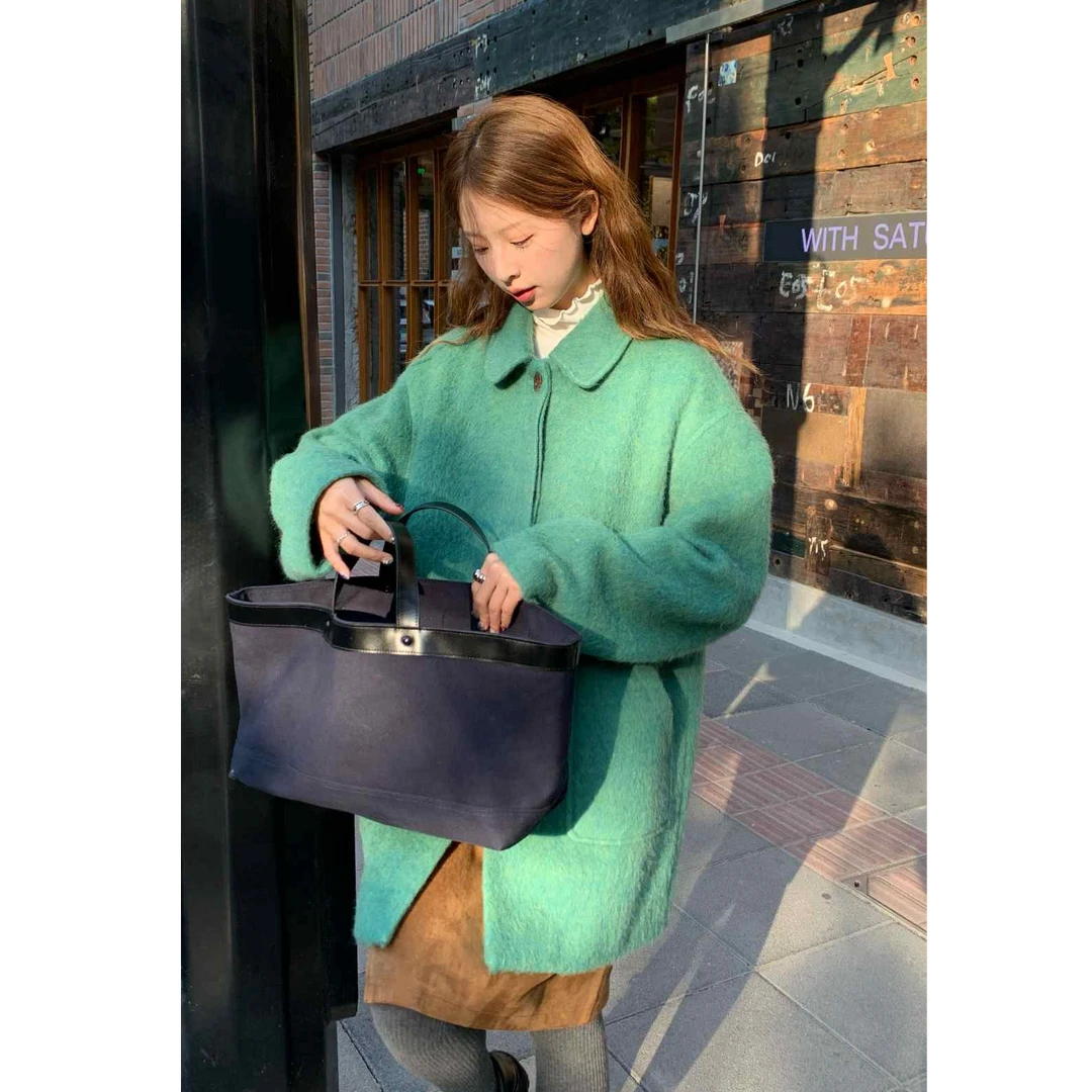 RAINY 氛围感短款翻领纯色毛毛大衣秋冬女复古宽松中长款毛呢外套