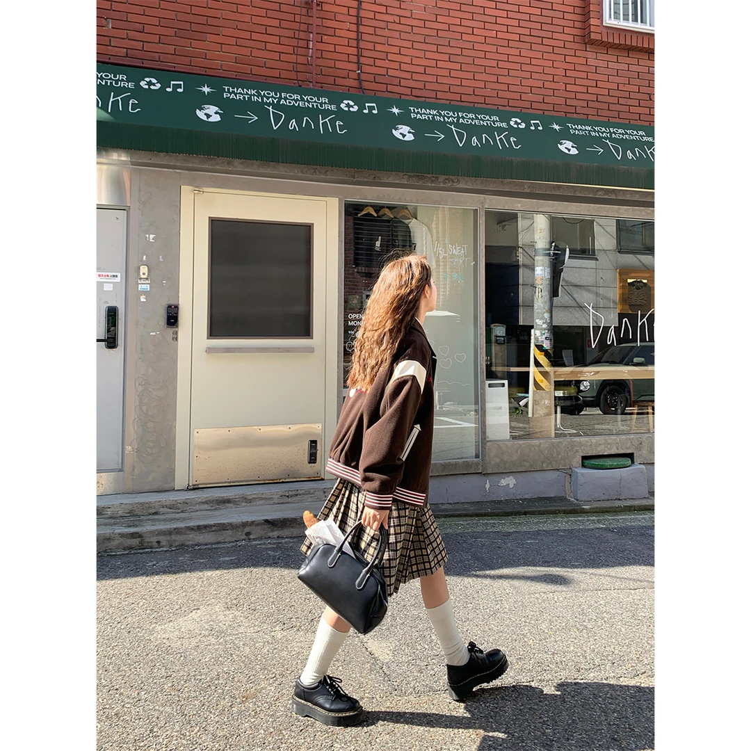 RAINY 学院风撞色皮革翻领棒球服女冬季美式复古宽松百搭短外套