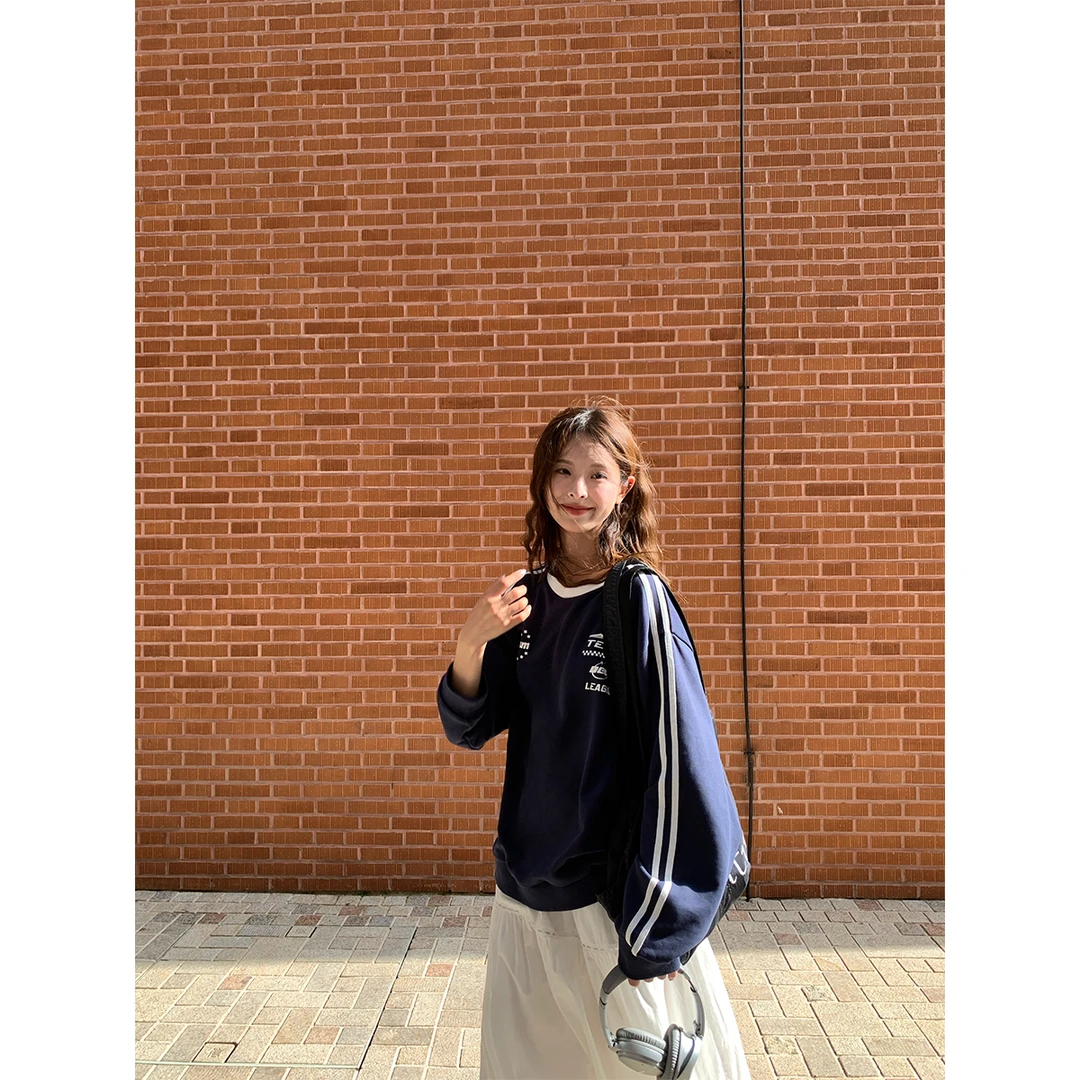 RAINY 美式运动字母印花球衣风卫衣春秋女圆领套头撞色包边上衣