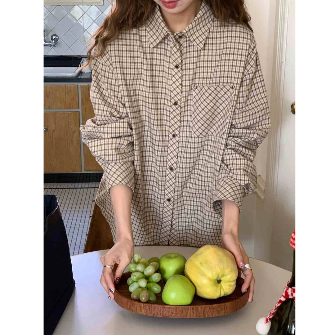 RAINY 学院风复古文艺撞色扣格子衬衫秋冬女百搭衬衣翻领格纹上衣