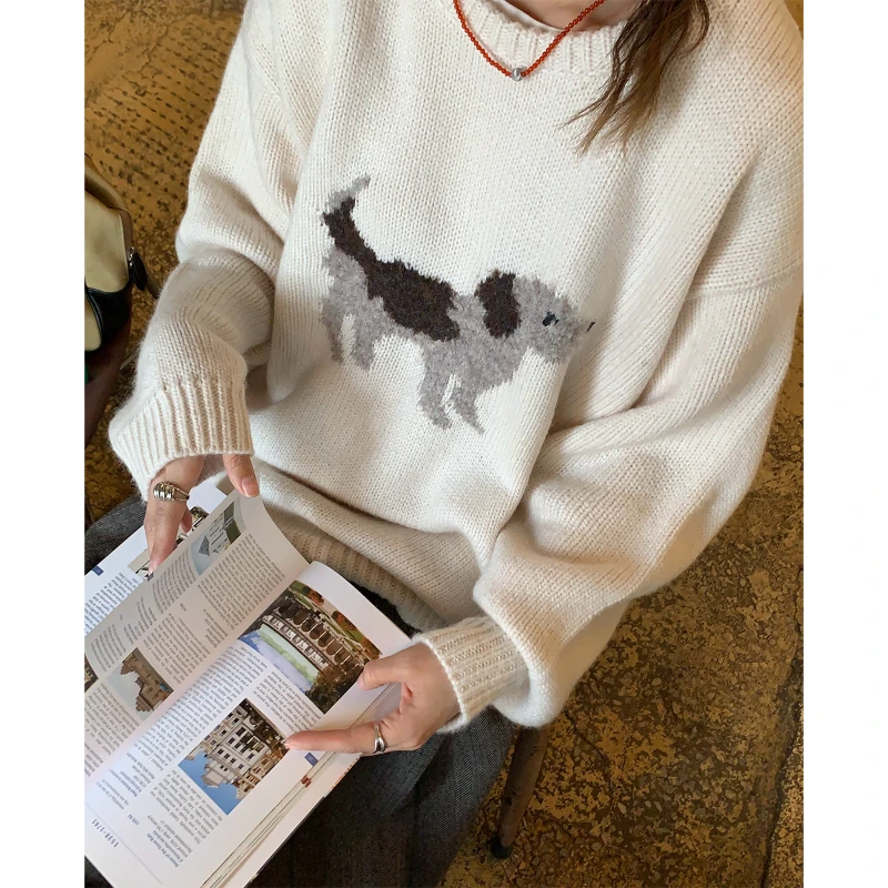 RAINY 圆领俏皮动物提花刺绣毛衣秋冬女套头百搭毛针织衫上衣