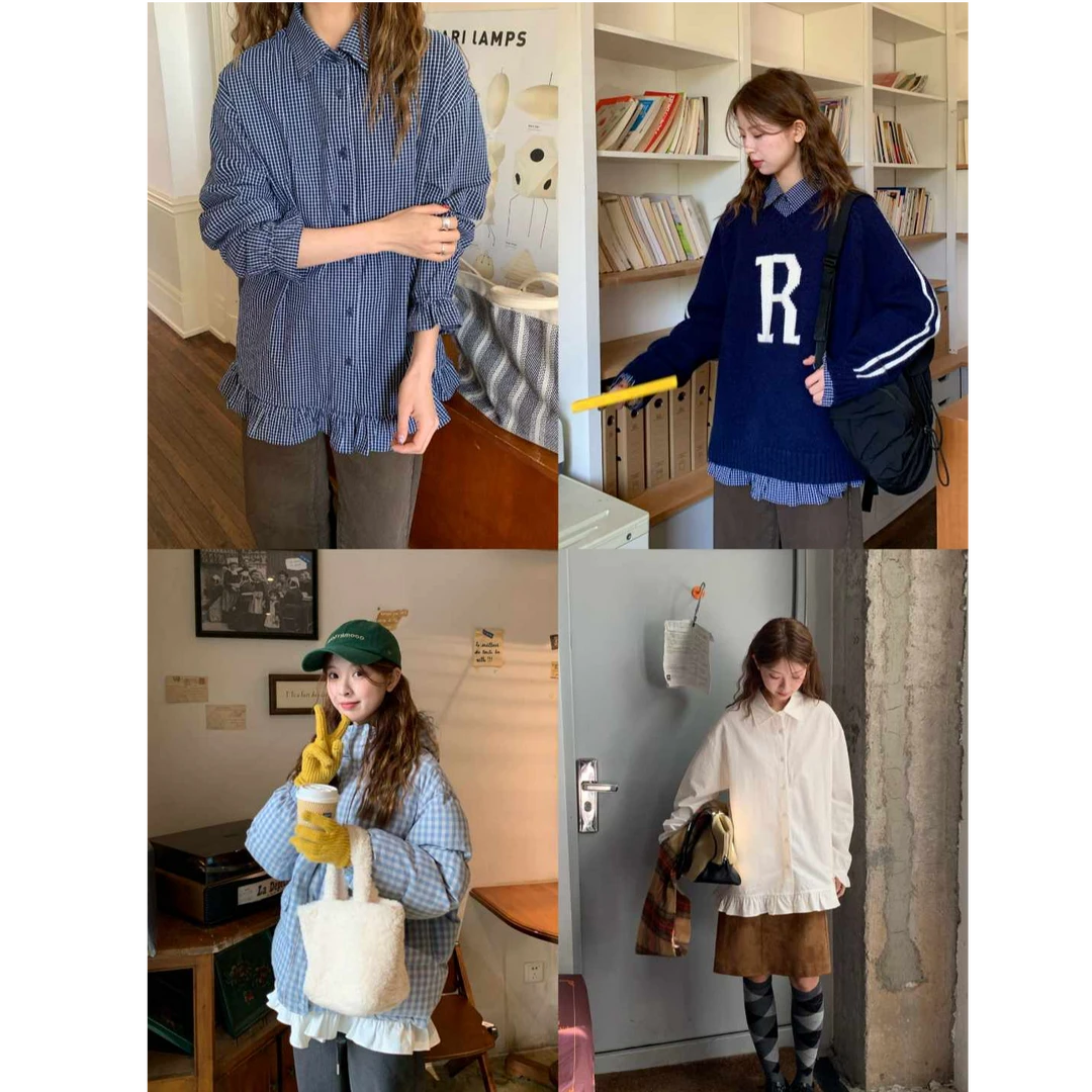 RAINY 绒感长款宽松花边衬衫秋冬女复古翻领衬衣全棉氛围感上衣