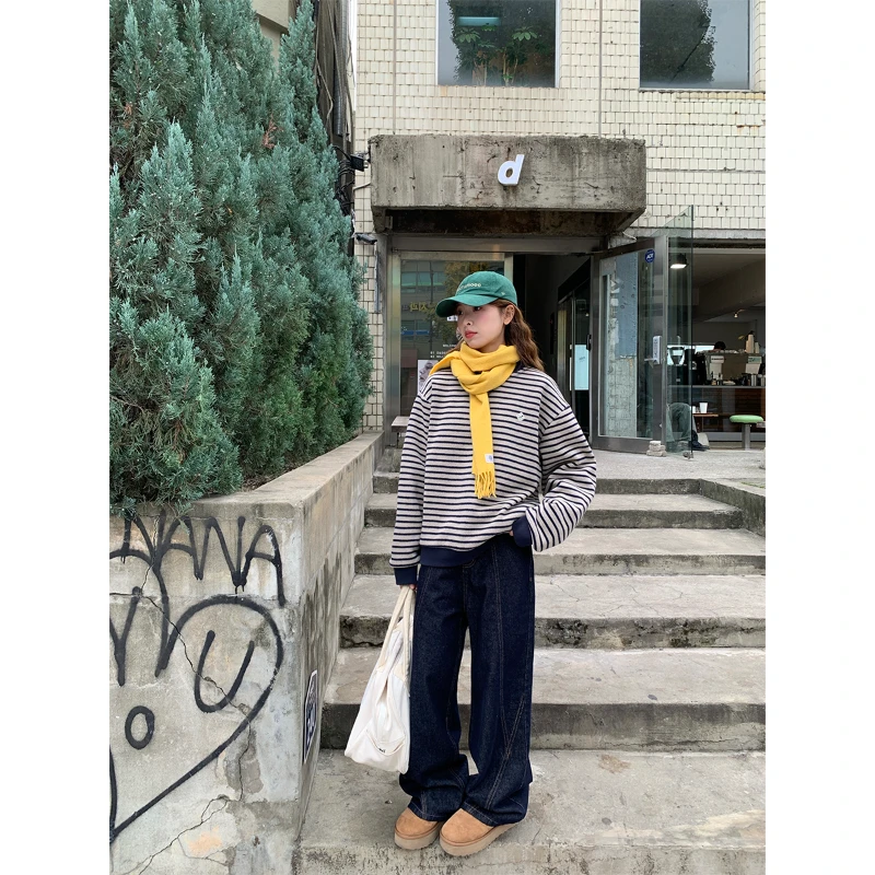 RAINY 深色宽松显瘦分割拉链牛仔裤秋冬女高腰百搭直筒复古裤子