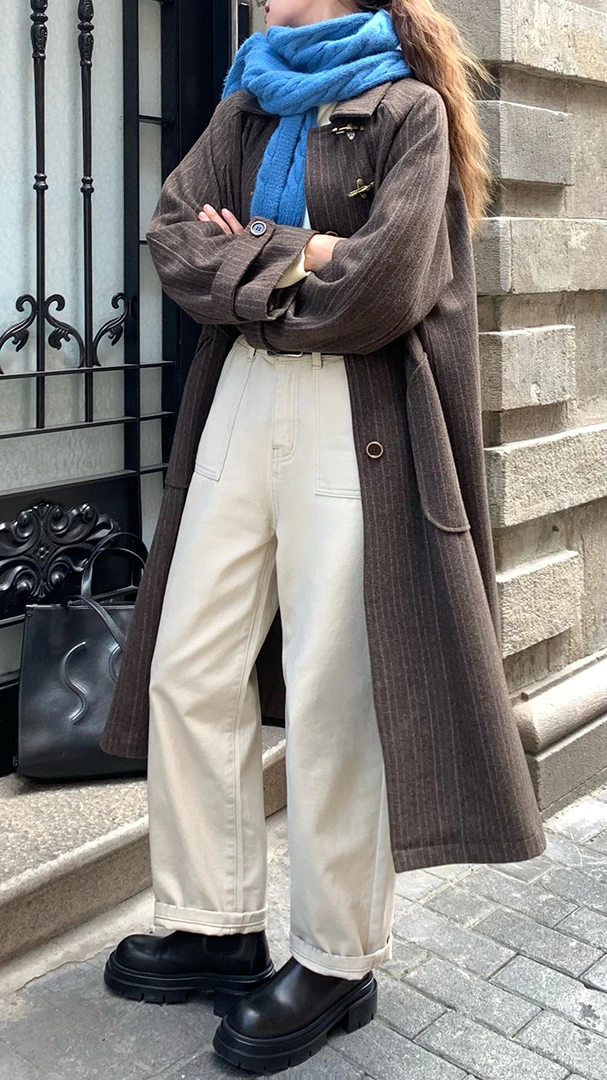 RAINY 复古做旧百搭口袋牛仔裤秋冬女高腰百搭直筒宽松全棉裤子