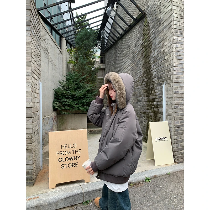 RAINY圣加仑日落*毛领90白鸭绒羽绒服女短款冬季韩版加绒加厚外套