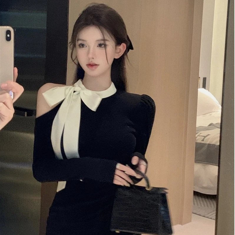 气质黑色针织连衣裙女气质绑带露肩小众设计感裙子