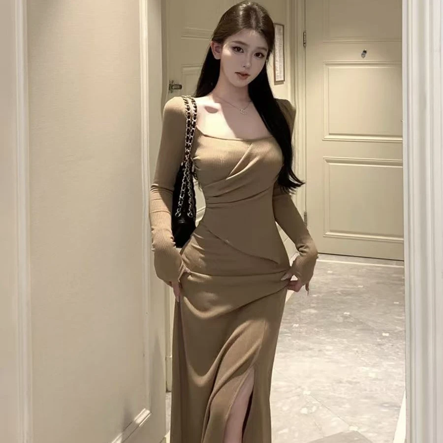 复古性感方领褶皱收腰针织长袖开叉打底连衣裙长裙女